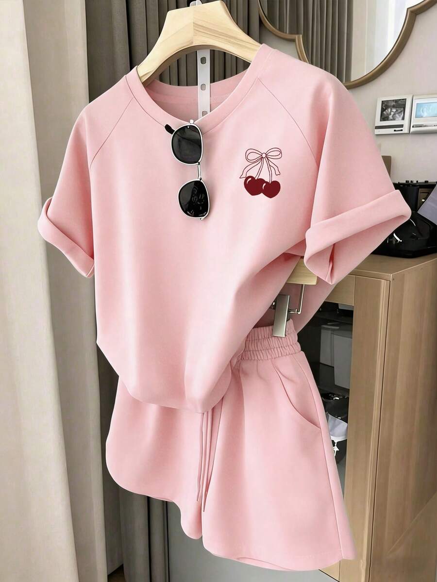 1 Set Pakaian Kasual Modis Nyaman Minimalis Motif Pita Ceri untuk Anak Perempuan Remaja, Cocok untuk Musim Semi/Panas, Atasan Lengan Pendek dan Celana Pendek, Sesuai untuk Aktivitas Luar Ruangan - Berwarna merah muda - View 1