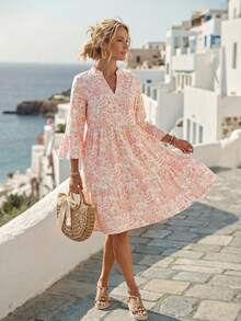 EMERY ROSE Women's Floral Print Flare Sleeve Mini Dress, Holiday Style Vacation White And Orange Summer Boho - Orange - View 5