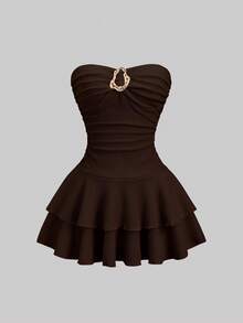 SHEIN Sweetro 女士优雅无肩带双层迷你连衣裙 - 咖啡棕 - 查看 1