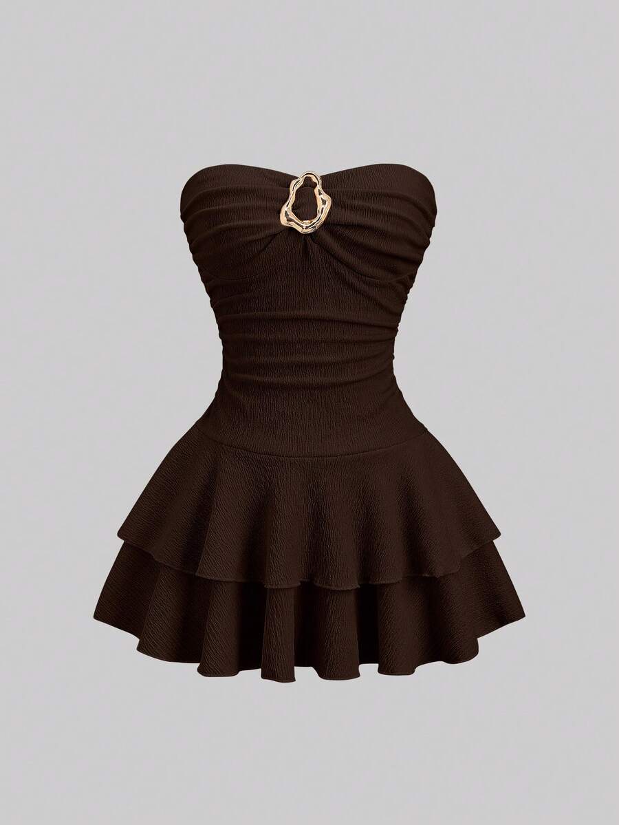 SHEIN Sweetro 女士优雅无肩带双层迷你连衣裙 - 咖啡棕 - 查看 1