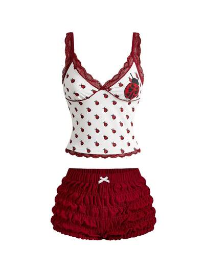 ROMWE Kawaii 2pcs/Set Casual Ladylike Ladybug Print Lace Splicing Camisole Top And Ruched Super Shorts For Women