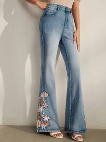 Anewsta Nuevos jeans acampanados de lujo con bordado de estilo vacacional en azul para mujeres - Azul - Ver 6