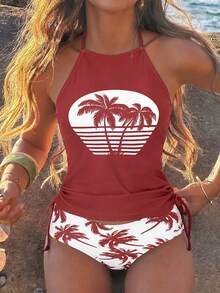SHEIN Swim Lushore Áo tắm tankini nữ mùa hè đi biển, họa tiết cây cọ nhiệt đới kẻ sọc, hở lưng, buộc dây phía trước. - Nhiều màu - Xem 4
