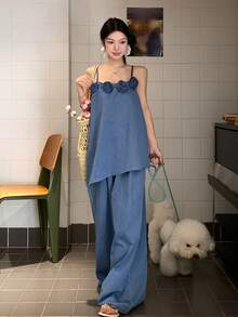 DAZY 女士3D立体花卉装饰吊带背心搭配宽松牛仔裙休闲度假套装 - 藍色 - 查看 7