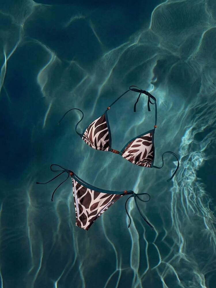 Women's Summer Beach Patchwork Halter Tie Sexy Bikini And Triangle Briefs Swimsuit Set