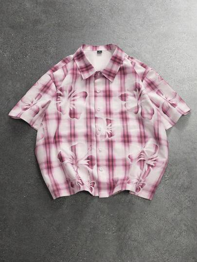 STYNVO Men's Plaid & Floral Print Short Sleeve Single-Breasted Shirt