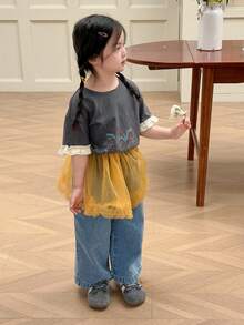 Dazy Kids Kaos Pullover Leher Bulat Anak Perempuan dengan Desain Patchwork Motif Bunga Musim Panas - Dark Grey - View 8