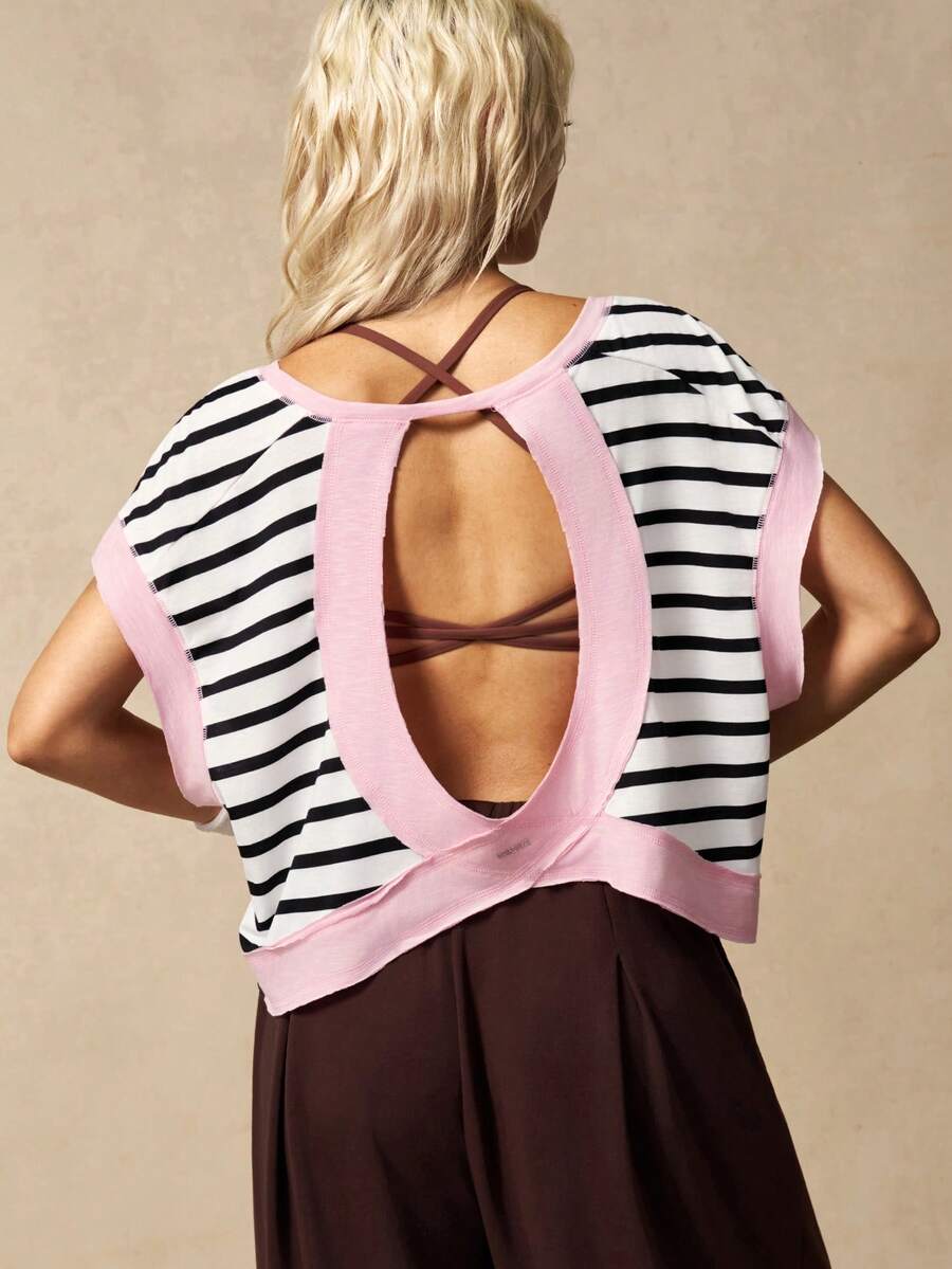VARSIVA Women's Contrast Stripe Print Backless Short Sleeve T-Shirt, Summer - Multicolor - View 1