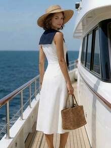 EMERY ROSE Island Resort Elegant Navy Collar Mid-Length Dress For Women - White - View 2
