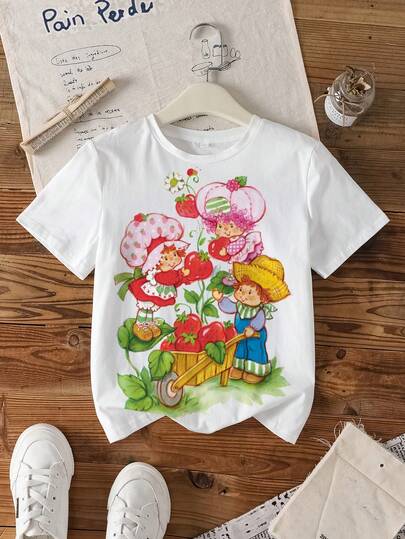 Strawberry Shortcake X SHEIN Áo thun tay ngắn cổ tròn in hình hoạt hình dành cho bé gái tuổi teen