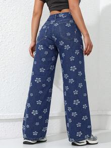 SHEIN ICON 女士时尚百搭纽扣口袋牛仔裤 - 深色水洗藍 - 查看 2