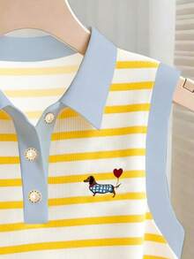 Resyla Áo tank top cổ polo dáng rộng in họa tiết hoạt hình kẻ sọc, thích hợp mặc đi nghỉ mát và đi làm, mùa hè. - Nhiều màu - Xem 3