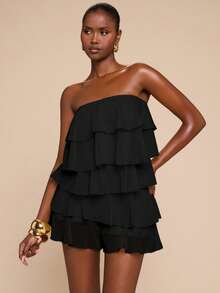 SHEIN BAE Mono elegante y chic de mujer de unicolor minimalista con volantes multicapa, para verano - Negro - Ver 3