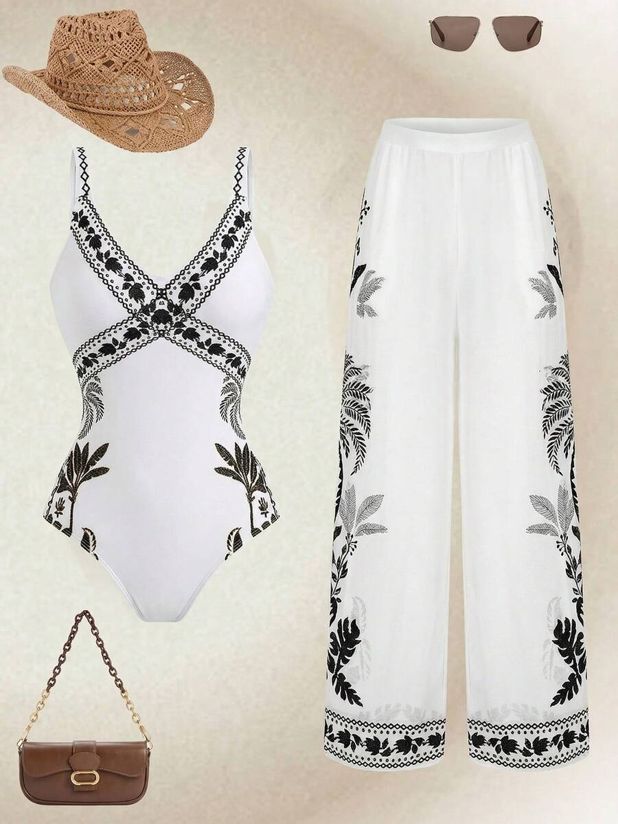 Swim Oasis 女士两件式印花泳衣,性感甜美浪漫海滩/派对装扮,夏季 - 白色 - 查看 1