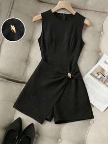 Grovea Plus Size Sleeveless Asymmetrical Pleated Casual Elegant Work Cocktail Date Night Jumpsuit Black Summer - Black - View 6