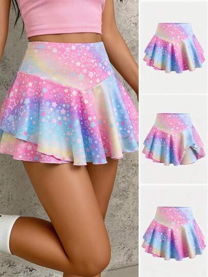 SHEIN Bộ váy và quần short dệt kim in họa tiết cầu vồng thời trang thường ngày cho bé gái tuổi teen, kiểu dáng thể thao đường phố.