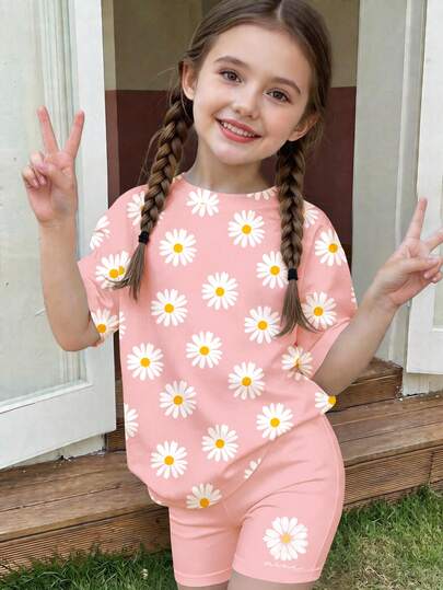 SHEIN Jeunes filles Doux rose mat, imprimé floral bohème mignon et doux, marguerite, floral, jeune fille décontractée confortable souple ample col rond manches courtes T-shirt et leggings courts serrés 5 minutes, convient pour le port quotidien, la maison, les vacances, les jours fériés, les vibrations printanières, les vibrations estivales, les tenues de printemps et d'été