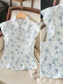 Seusyu Women's Digital Print Floral Ruffle Sleeve Blouse, Fashionable & Age-Reducing, Spring/Summer - Blue - View 9