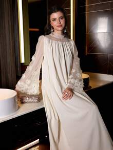 SHEIN Najma Women's Arabic Style Dress With Round Neck, Mesh Patchwork & Flared Sleeves - Apricot - View 6