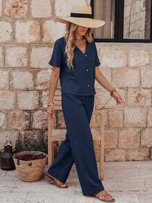 EMERY ROSE Damen Lässig Einfarbiges V-Ausschnitt Shirt & Hose 2-teiliges Set - marineblau - Übersicht 5