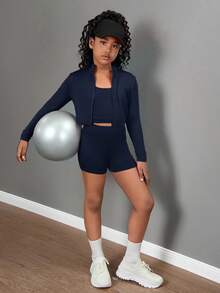 SHEIN Girlism Tween Girl 3 Pieces Set: Long Sleeve Mock Neck Zip-Up Top, Camisole, And Leggings - Navy Blue - View 7