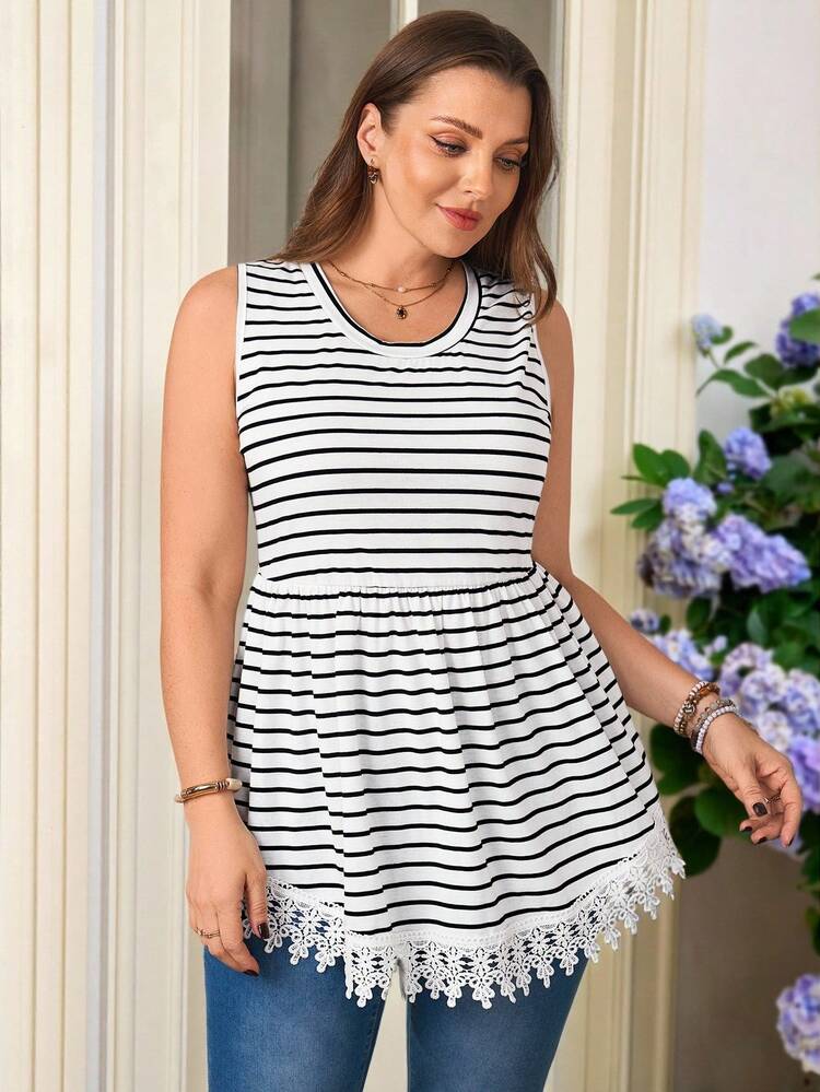 Plus Size Women's Summer Casual Vacation Country White Striped Patchwork Hem Camisole Tank Top,Summer\Vacation,Summer Holiday,Spring Break Outfits ,Vacation Outfits Women ,Holiday Outfits For Women,Going Out Outfits,2026 New Clothes,Simple And Fashionable For Everyday Wear,Suitable For Summer, Vacation, Daily Wear