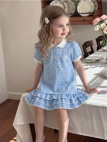 Vintaside Kids 1pc Baby Girls' Casual Plaid Polo Collar Rainbow Print Ruffle Hem Short Sleeve Dress - Blue - View 3