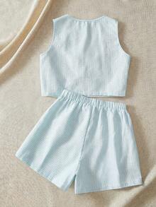 KARISMINA Bộ 2 món áo croptop và quần short cạp cao dáng rộng dành cho nữ, kiểu dáng thường ngày, họa tiết kẻ sọc. - Màu xanh nhạt - Xem 2