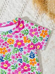 Conjunto de traje de baño de manga corta con estampado botánico para niña, ajuste casual para natación y vacaciones, traje de baño con flores, traje de baño para niñas, bikini para niña, traje de baño para niña - Rosa - Ver 4