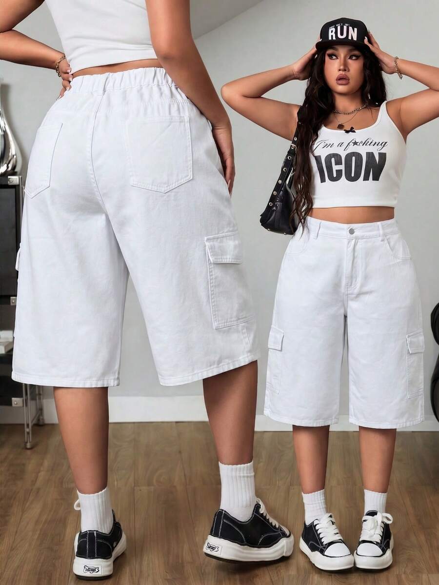 SHEIN ICON 宽松直筒水洗蓝色工装裤,带大口袋 - 白色 - 查看 1