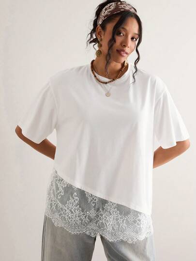 Freevana Plus Size Women's Crew Neck Short Sleeve Solid White Lace Patchwork Elegant Casual Commuting Top T-Shirt, Spring/Summer Women's Casual T-Shirt, Loose Fit For Outdoor Wear, Pure White With Lace Trim, Stretchy, Comfortable And Soft.