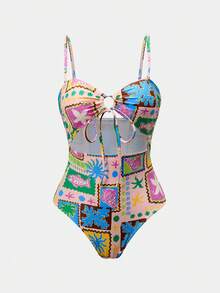Swim Oasis Nuevo conjunto de 2 piezas de vestido con estampado de graffiti colorido, corte halter, encaje calado y tirantes desmontables para primavera/verano 2026. Elegante, sexy y casual con estilo Y2K para la playa, fiestas, festivales de música, citas y salir de fiesta. - Multicolor - Ver 8