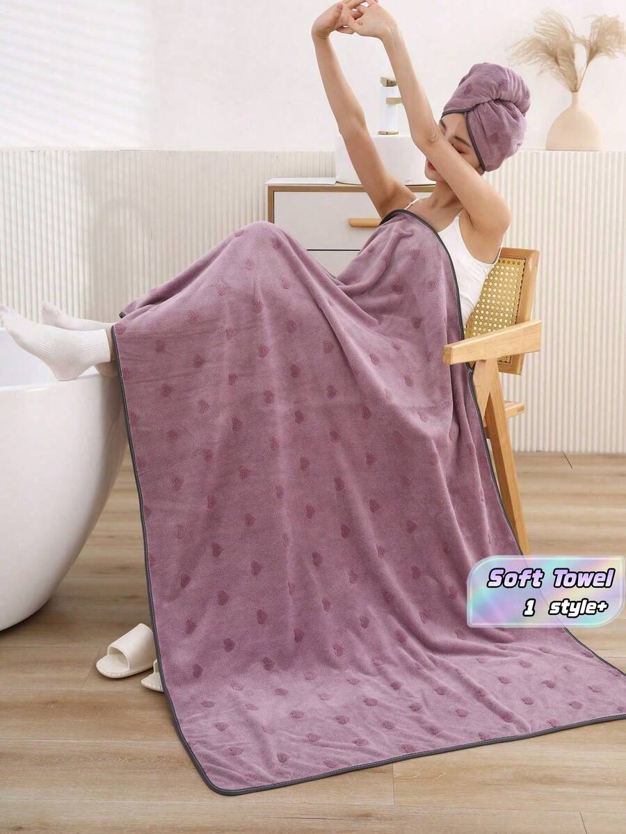 1 Set 35.4x70.9 Inch Bath Towel And 9.8x25.6 Inch Shower Cap 2Pcs For Women Couple Soft Absorbent Thickened Oversized Handmade Jacquard Heart Pattern Home Bathroom Gift Essential Must Have - Love Bean Paste 2-piece Set - View 1