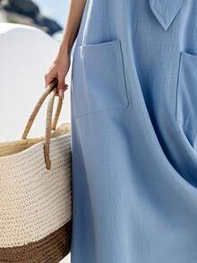 SHEIN Holidaya Robe décontractée à la mode Top de gamme à taille haute sans manches pour femmes, robe de printemps/été pour femmes, vacances, sortie, Y2K, printemps, été, rentrée scolaire, décontracté, plage, affaires, polyvalente, robe longue gris-bleu décontractée pour femmes, robe de couleur unie pour femmes - Bleu gris - Voir 7