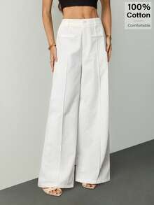 SHEIN Tall Hoch taillierte weite Sommerhose aus 100% Baumwolle, weiß, lässig, für große Frauen - Weiss - Übersicht 5