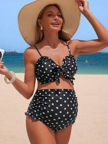 SHEIN 2026 Women's Polka Dot Maternity Swimwear Set,High Waist Retro Halter Tropical Sweet Boho Style,Summer Beach Holiday Pool Party Cruise Vacation,Black - Multicolor - View 3
