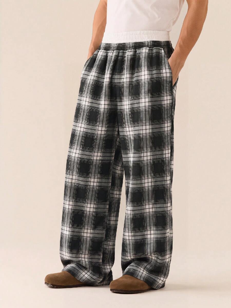 SWAVVY Men's Fashionable Plaid Patchwork Casual Pants, Spring/Summer - Black - View 1