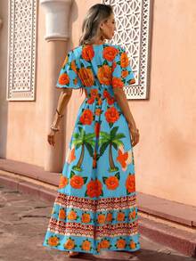 Flora Isola Flora Isola Women Bohemian Tropical Maxi Dress Spring Summer Blue Floral Print Multi-Color Elegant Romantic Light Luxury Outfit For Island Vacation Beach - Blue - View 2