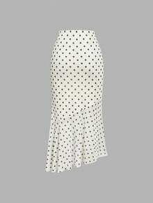 SHEIN x Luisa Sonza SHEIN MOD Chân váy nữ thanh lịch kiểu retro, họa tiết chấm bi, dáng đuôi cá bất đối xứng, thích hợp cho mùa xuân, hè và thu. - Màu be - Xem 2