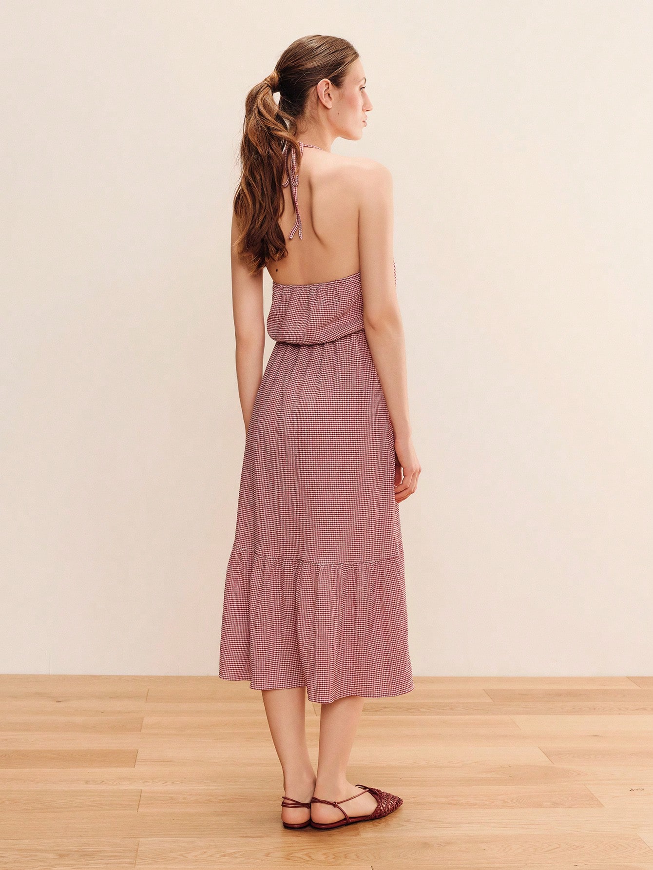 Relaxed Red Gingham Midi Dress With Thin Straps And An Open Back Cute Spring Summer Style Ruffle Dress Holiday Dress Frrench Style Dress Casual Dress