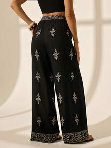 SHEIN Tall Quần ống rộng in họa tiết phong cách Boho dành cho nữ, thích hợp cho mùa hè. - màu đen - Xem 2