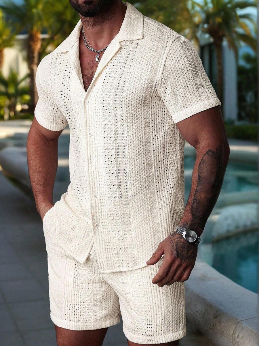 VENTUSAIL Plus Size Men's Knit Resort Set, Beige Summer Casual Holiday Vacation, Single-Breasted Short Sleeve Button Up Shirt & Drawstring Shorts 2 Pieces Outfits - Apricot - View 1