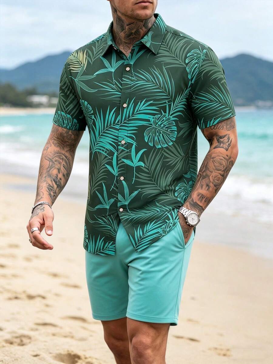 Genlund 男士夏威夷风格热带印花短袖衬衫和抽绳腰短裤套装,夏季休闲海滩度假 - 墨綠色 - 查看 1