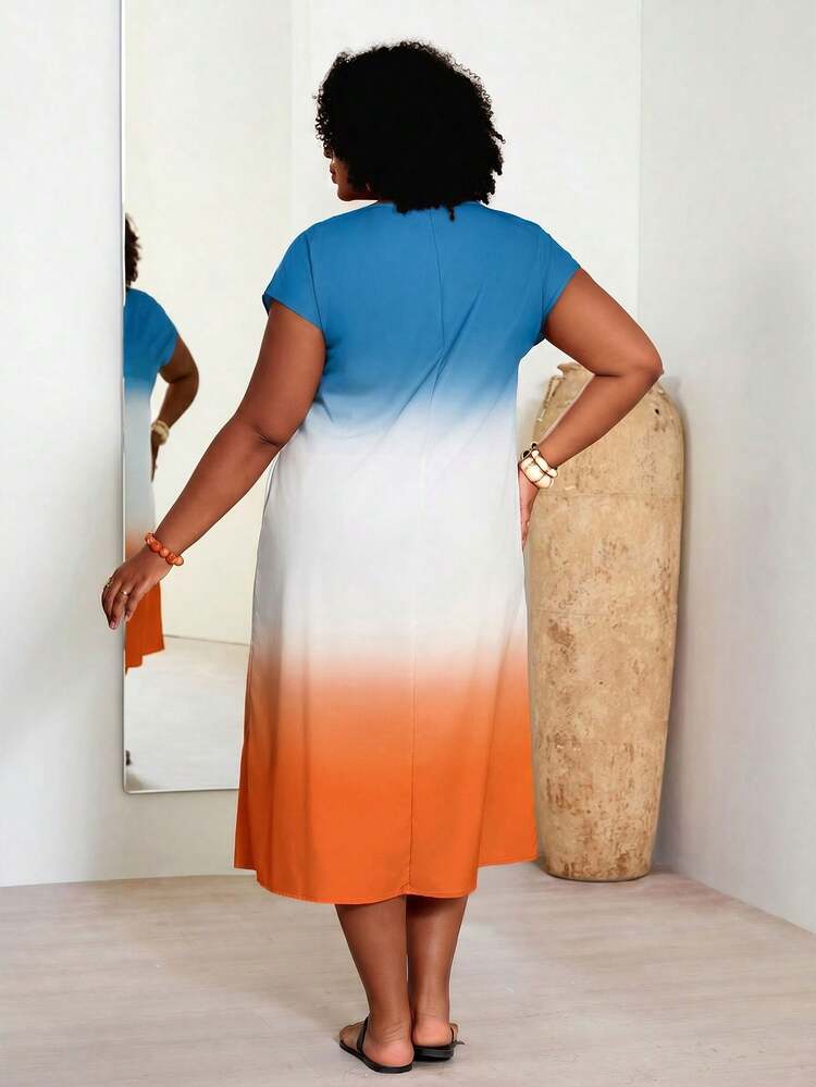 Plus Size Women's Short Sleeve Color Block Round Neck Gradation Print Beach Dress With Pocket