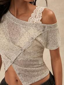 Áo dệt kim nữ thời trang dáng bất đối xứng, cài cúc vai - Màu Khaki - Xem 7