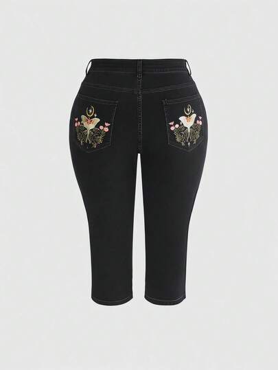 ROMWE Fairycore Jeans capri ajustados de talla grande para mujer con bordados inspirados en la naturaleza de mariposas y flores