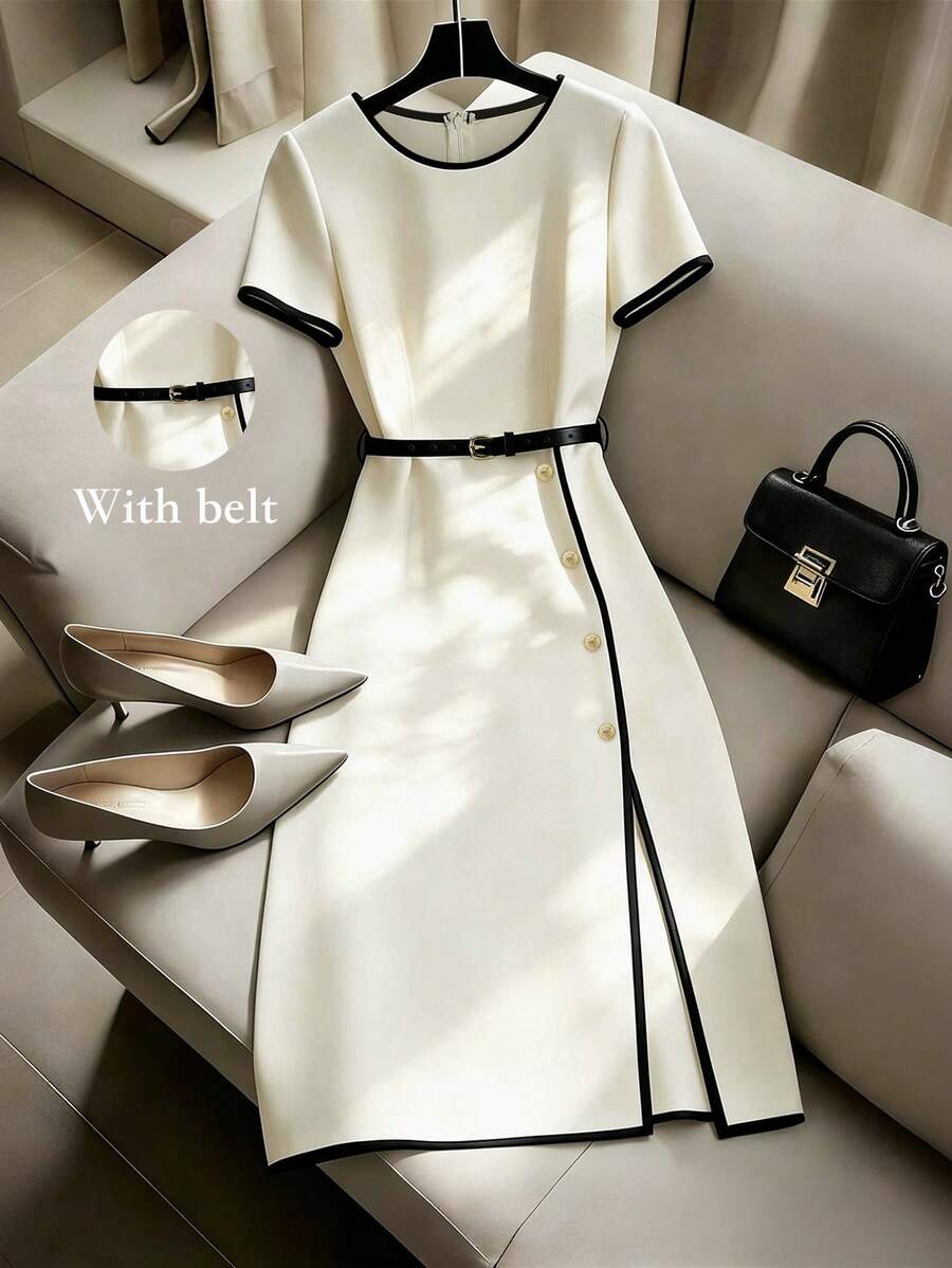 SHEIN Franclia Đầm ngắn tay phối màu tương phản, thanh lịch, thoải mái dành cho nữ, thích hợp đi làm. - Đen và trắng - Xem 1