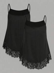 SHEIN EZwear 2件套休闲简约黑色蕾丝性感大码吊带背心，适合春夏穿着 - 黑色 - 查看 2