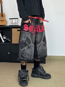 STEELVANCE 復古圖案磨損貓鬍鬚字母印花寬鬆直筒休閒牛仔短褲，時尚街頭風夏季日間灰色 - 黑色 - 查看 5