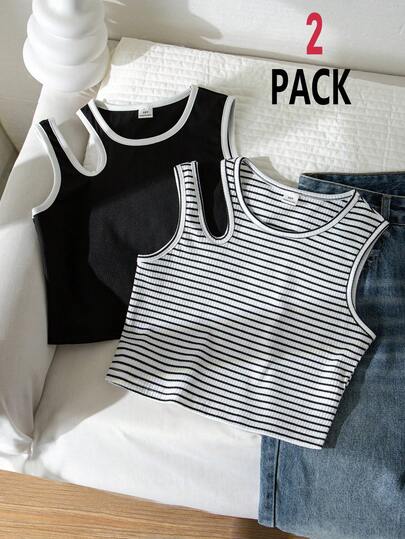 Bộ 2 áo tank top crop ôm dáng khoét lỗ cho bé gái, phối màu trắng và đen kẻ sọc.